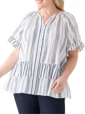 Philosophy Plus Size Short Sleeve Embroidered Mixed Stripe Woven Blouse